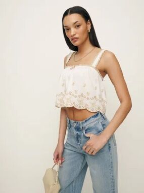 NWT Reformation White Cropped Camisole with Beige Embroidery and Eyelet Trim